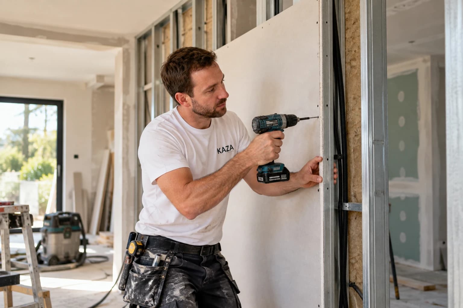 Chantier de rénovation intérieure avec pose de cloison